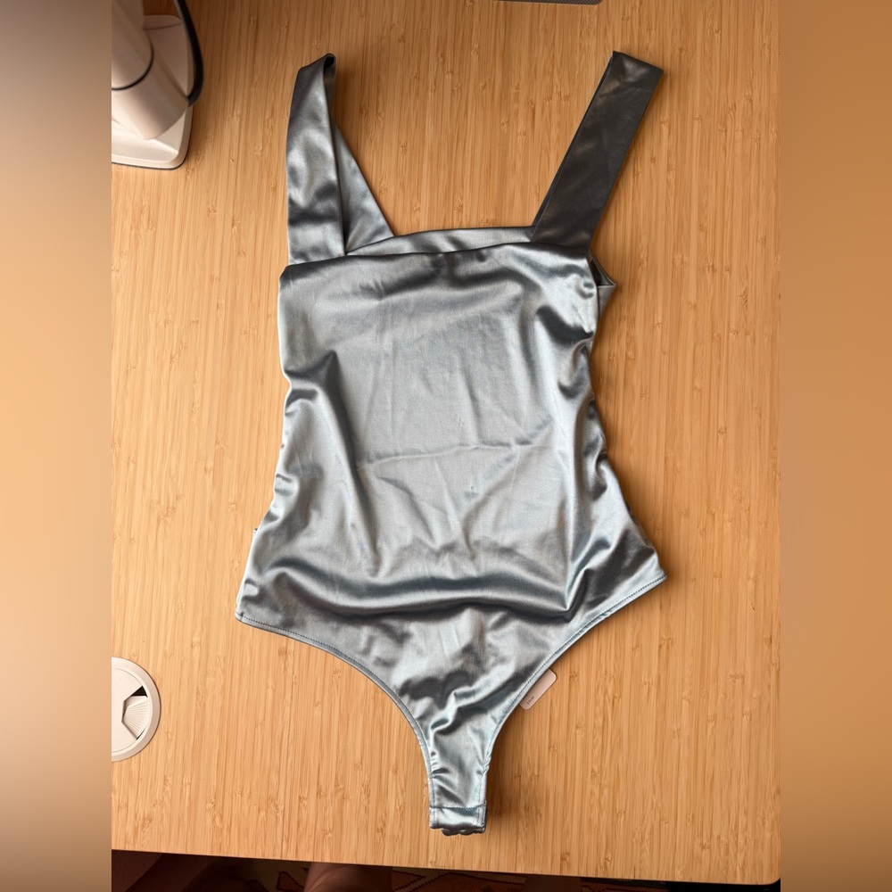 Free People Metallic Backless Light Blue Satin Bodysuit